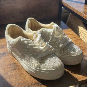Betsey Johnson Pearl-Studded Cream Sneakers